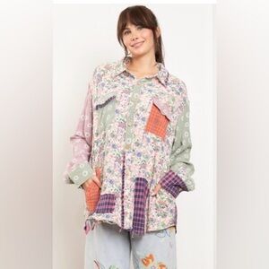 BV08 Bluevelvet Patchwork Floral Button-Up Shirt Dress in Pastel Mix